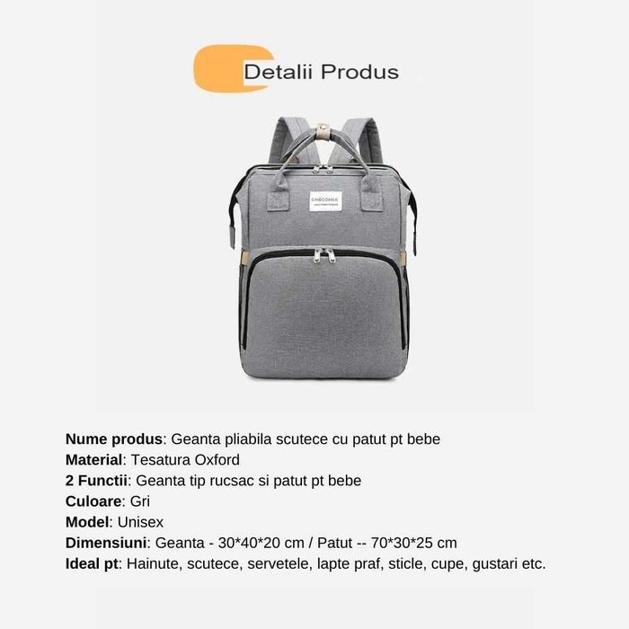 Geanta pliabila scutece cu patut pentru bebe + servetele umede