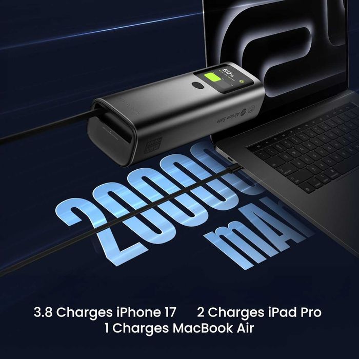 Външна батерия sharge 165W 20000mAh, вграден прибиращ се кабел,3 порта