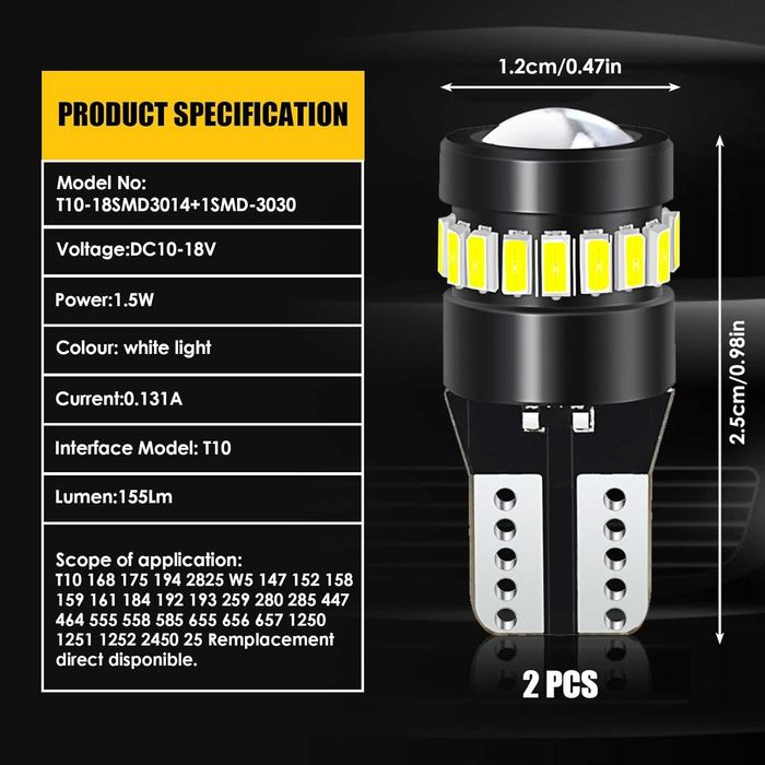 Комплект LED крушки T10 W5W Canbus, 18 SMD, 12V с лупа.