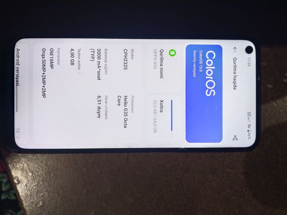 Oppo A55 sotiladi xolati yaxshi narxi 900 000 ming karobkasi bor tel +