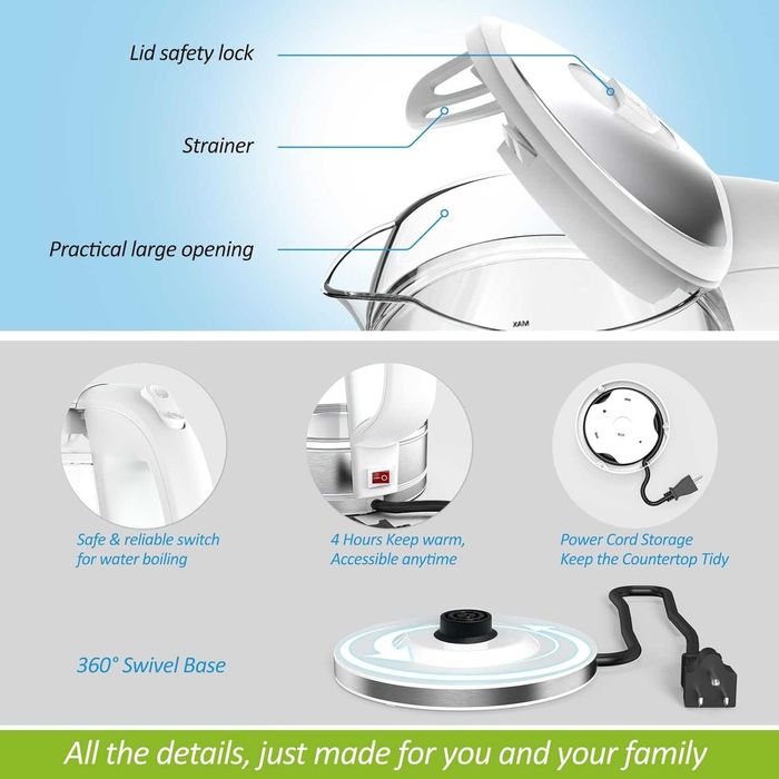 NISVITU Безжична електрическа кана от стъкло и неръждаема стомана за вряща вода