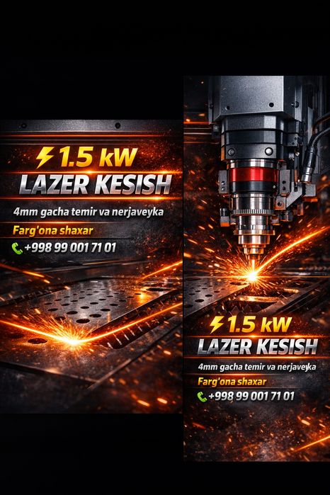 1.5 kW LAZER KESISH XIzmati
4mm gacha temir va nerjaveyka
Farg‘ona s