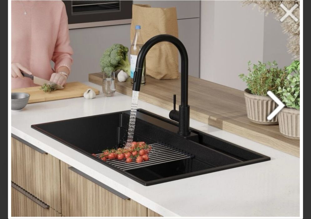 Chiuveta de bucatarie din granit cu o cuva fara scurgator si spațiu de depozitare pentru placa de bucatarie si accesorii Oslo 90 Pocket Multilevel