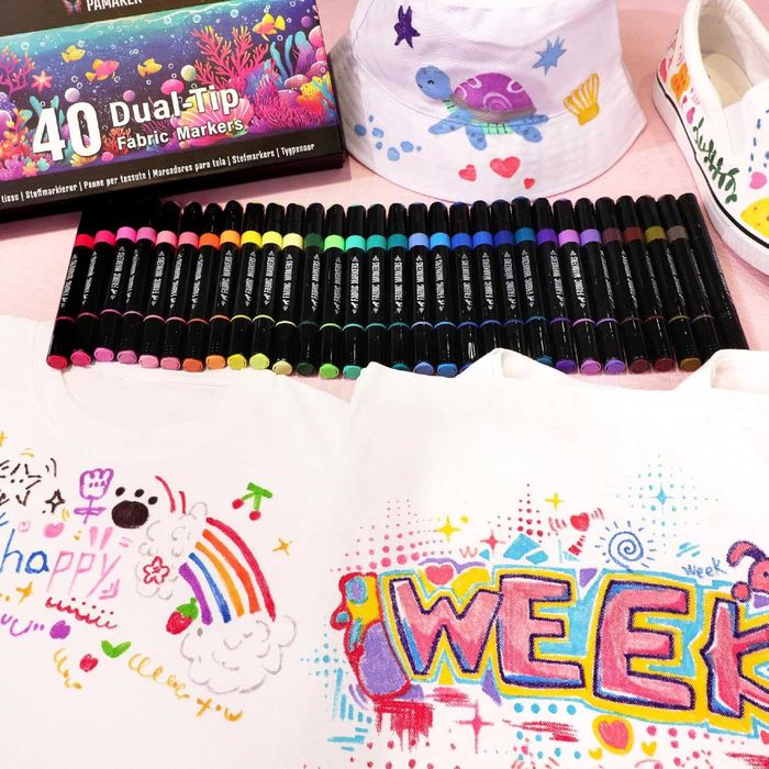 Set 40 Markere Textile cu Vârf Dublu, Permanente și Lavabile la Mașină