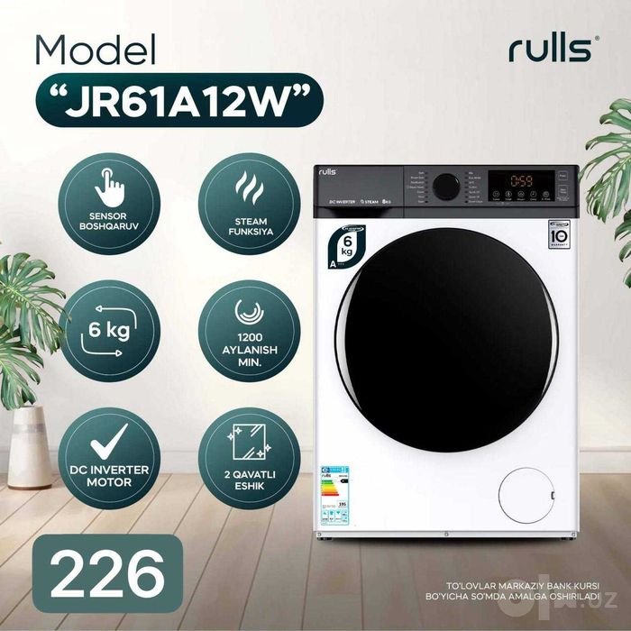 Rulls Kir yuvish mashinasi 8kg garantiya dastavka ustanovka bor