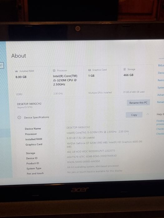 Laptop Acer Aspire E1-571G i5-3210M , 8 gb ram  , HDD 500 gb , nVidia GT 620M 1gb , Windows 10