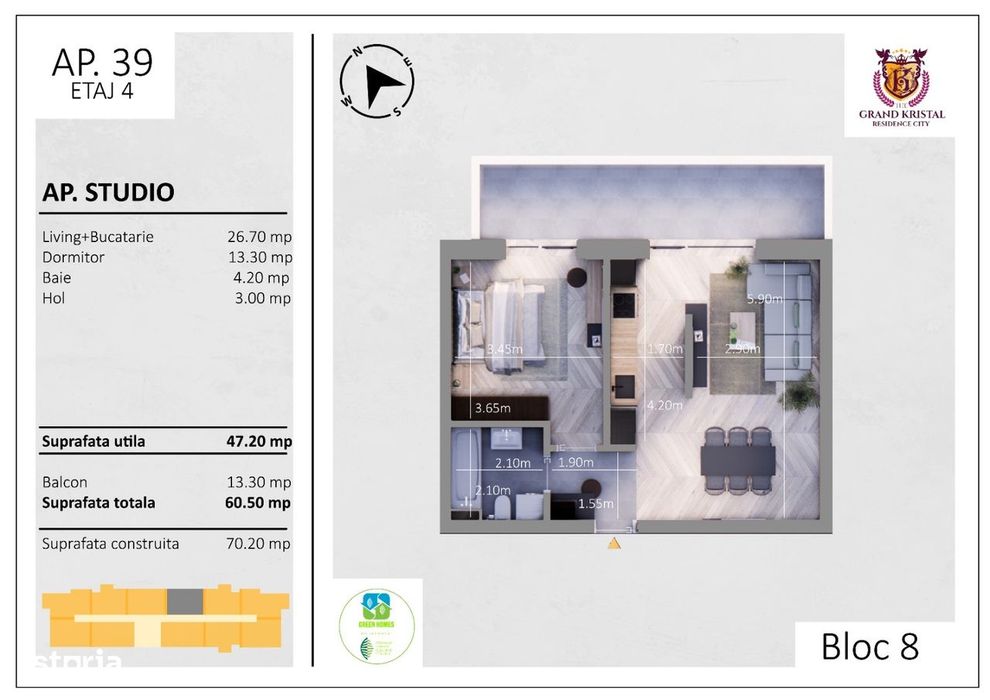 Studio 47,2 mp + balcon 13,3 mp | Grand Kristal Residence | 109.000 €