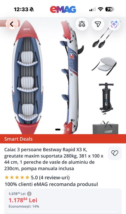 Caiac Gonflabil Bestway Rapid X3, 3 persoane