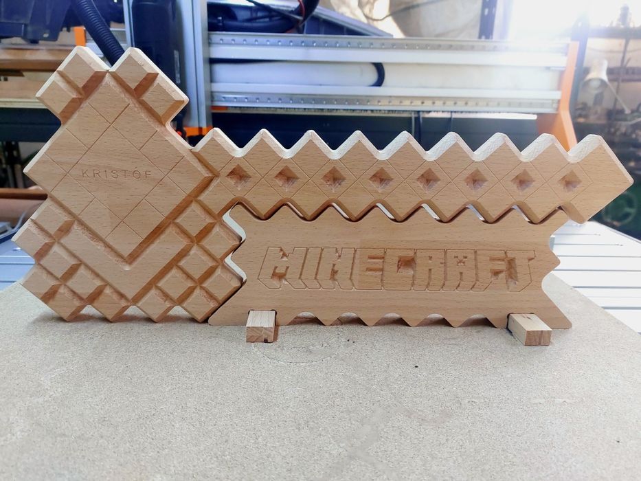 Set copii Minecraft, "Diamond Sword and Axe", lemn masiv, cu suport