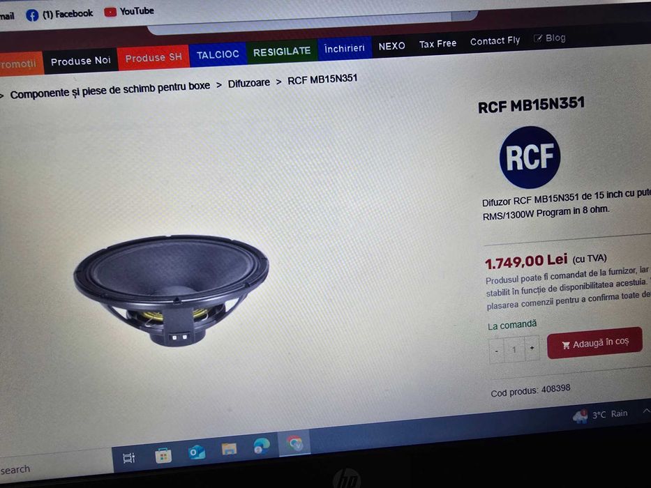 Vand difuzor rcf pe neodium MB 15N 351,1300W pgm,650w rms la 8 omi,15 inchi 38 cm,aproape nou.