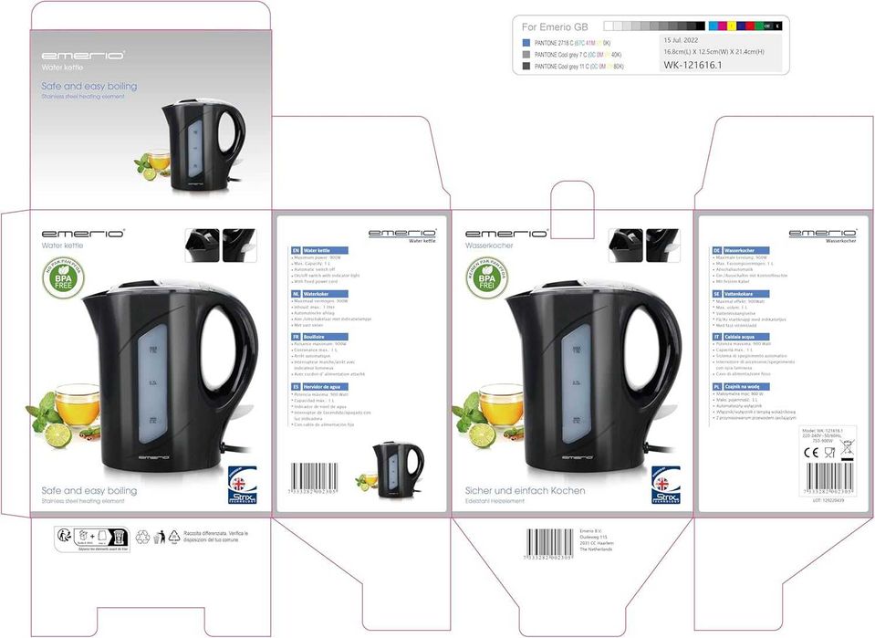 Emerio WK-121616.1 Кана за вода, 1 литър, 900 вата, черен, за пътуванe