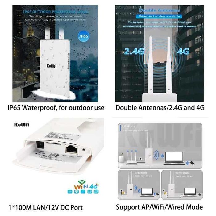 KuWFi 300Mbps соларен захранващ 12V DC Wifi безжичен мрежов рутер 4g