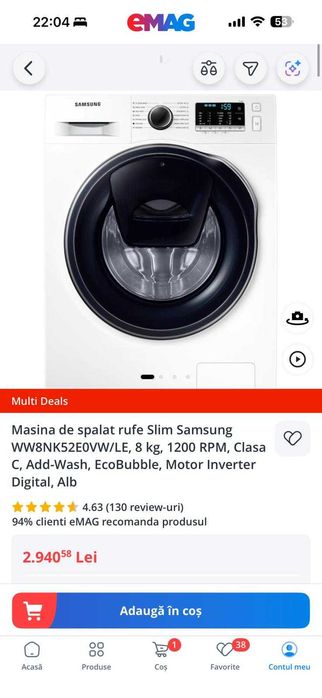Masina de spalat rufe Slim Samsung WW8NK52E0VW/LE, 8 kg cu GARANTIE 1200 RPM, Clasa C, Add-Wash, EcoBubble, Motor Inverter Digital Alb