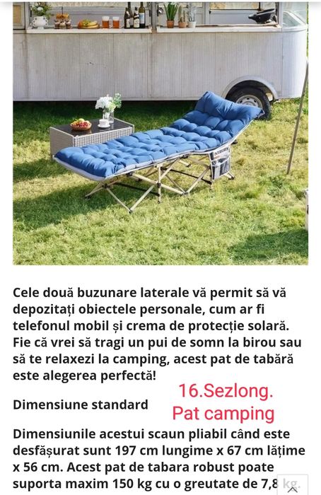 Șezlong pliabil camping, Pat camping cu saltea +geanta transport