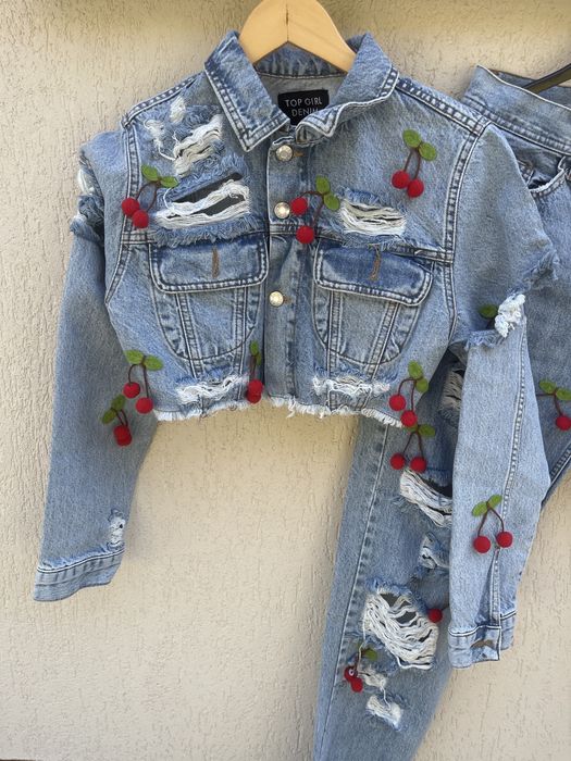 Set Denim - Jachetă scurtă + Blugi cu cireșe 3D