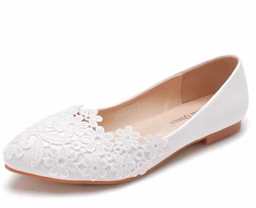 Плоски дантелени сватбени обувки 42, бели нови