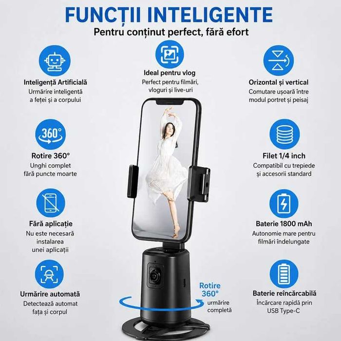 Stabilizator Inteligent NTS7 cu Auto Face Tracking, Rotire 360°, Live Streaming si Videocall NITU