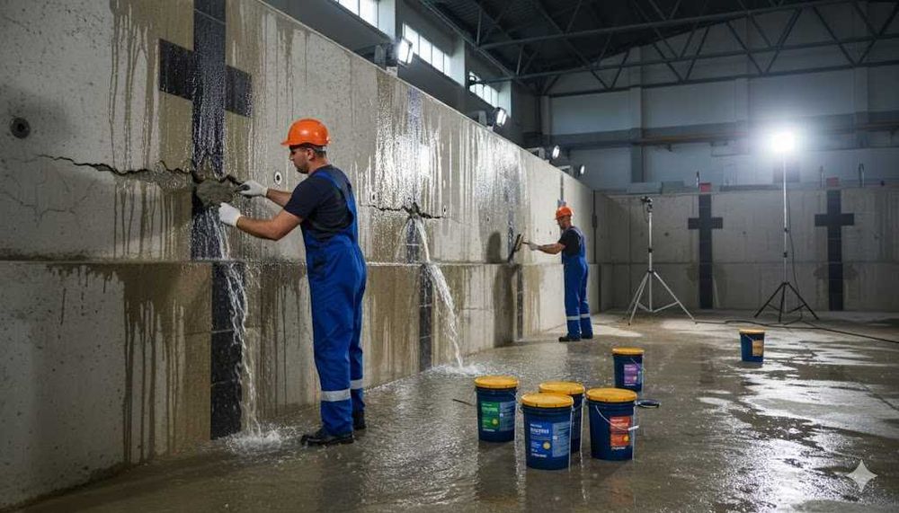 Гидроизоляция отверстия от демонтажа опалубки с материалы пенетрон