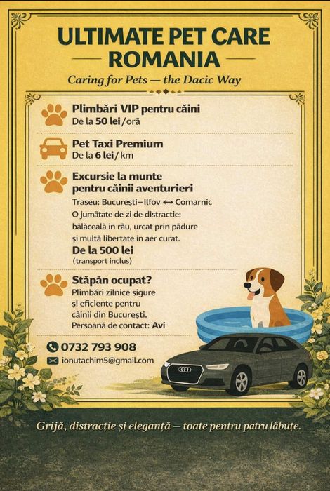 Servicii Plimbare Câini VIP, Pet Taxi Premium și Excursii la Munte