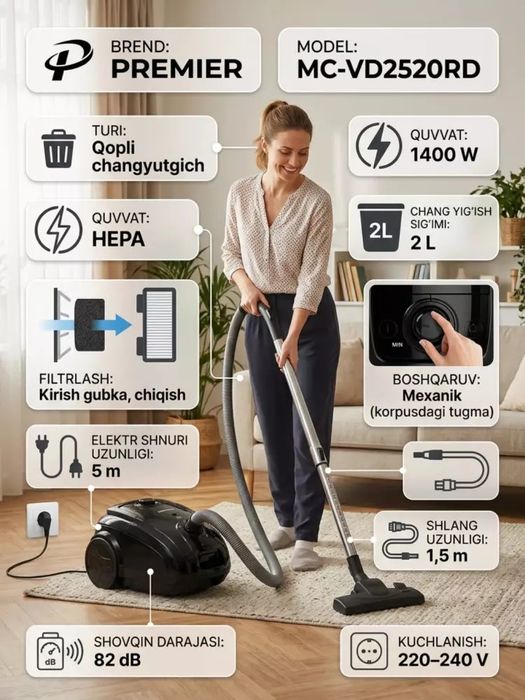 Changyutgich , Premier VC-MD2520RD , 1400W , 2L qopli , HEPA filtr
