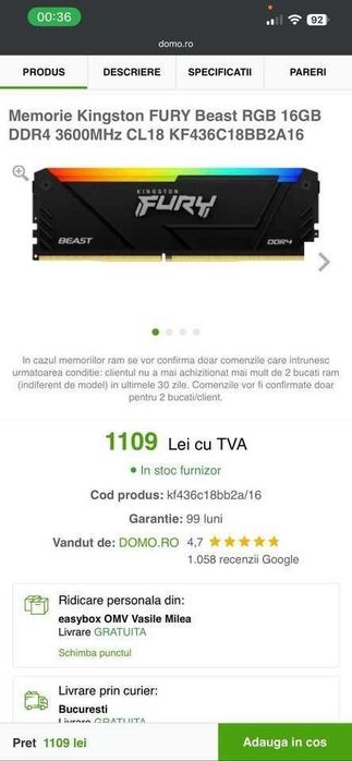 RAM Kingston DDR4 16GB 3600MHz CL18 RGB FURY Beast