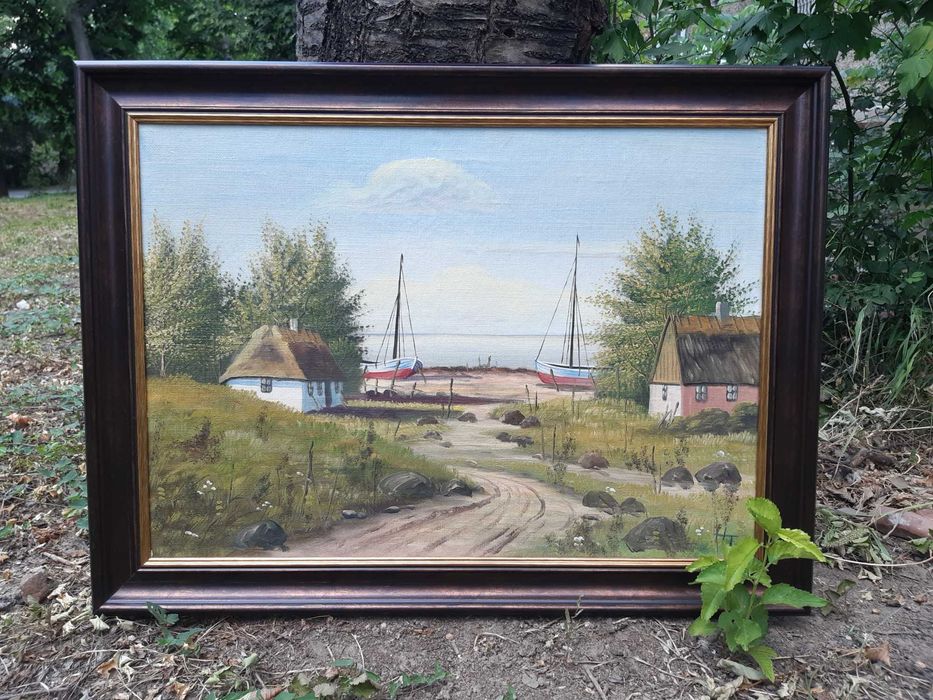 Красива Стара Картина "Рибарско Селище" Маслени Бои на Платно