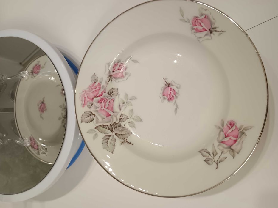 Ретро порцеланови чинии 6 бр. с  рози и сребрист кант 23 см