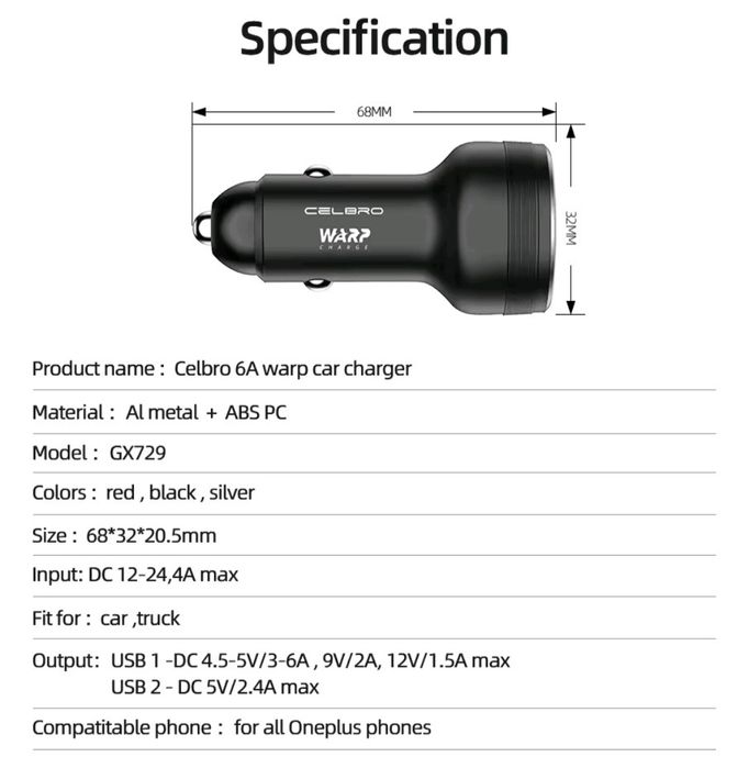 Incărcător auto warp fast charge 30w