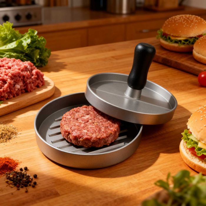 Presa hamburger aluminiu 11 x 8 cm forma burgeri cu maner ergonomic