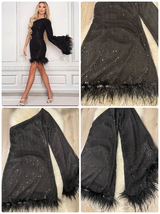 Елегантна черна рокля с пайети и естествени пера