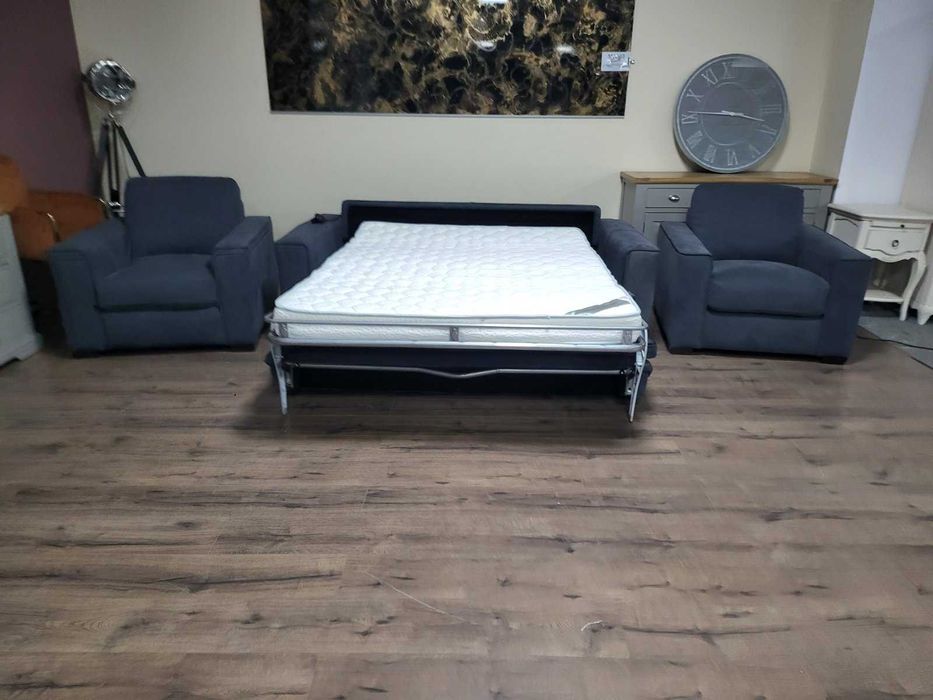 Сив комплект от плат набук диван тройка с функция сън и два фотьойла