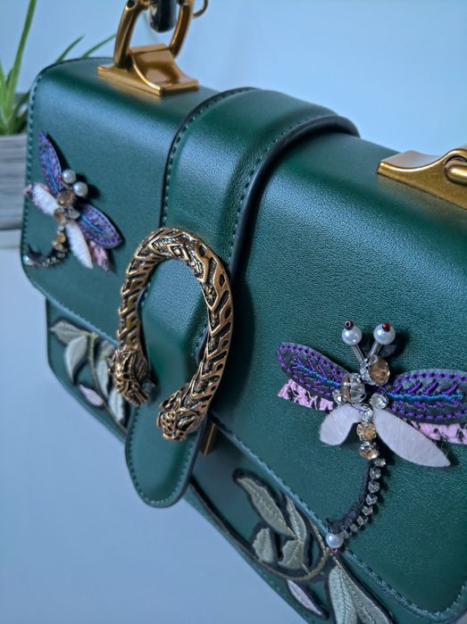 Чанта Gucci в зелено с бродерия, бамбукова дръжка