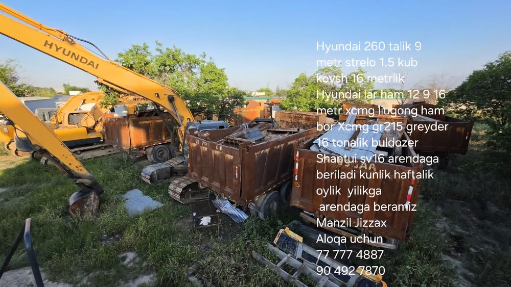 Ekskavatorlar 16 12 9m buldozer greyder va boshqa texnikalar arendaga