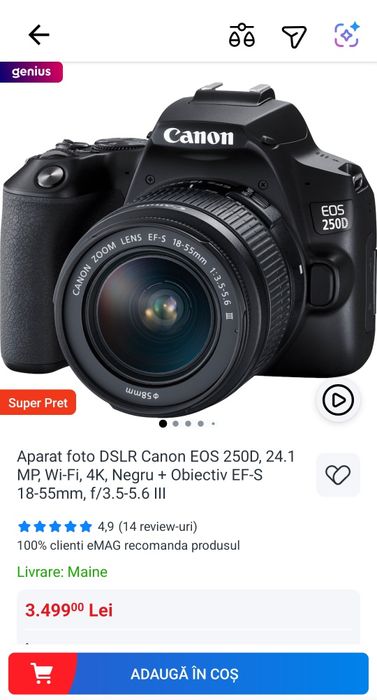 Canon EOS 250D + 18–55mm | Pachet complet | Card + Geantă