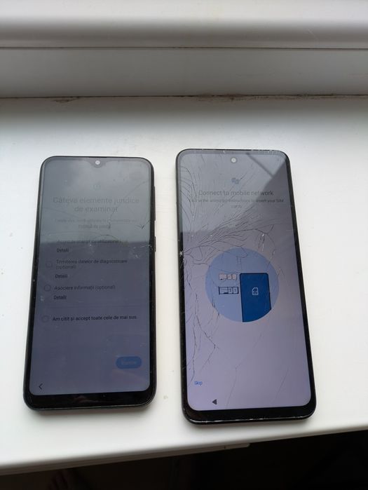 Două telefoane cu ecran spart Samsung A20e și Motorola G13, perfect functionale.