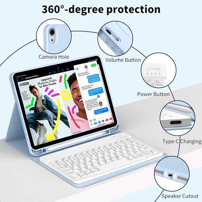 GKABXY Калъф с клавиатура за iPad (A16) 11-то поколение 2025 и iPad 10-то поколение 2022 със стойка