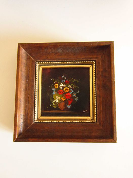 cadou rar Still Life Flowers tablou mic ulei, semnat 11x11 cm