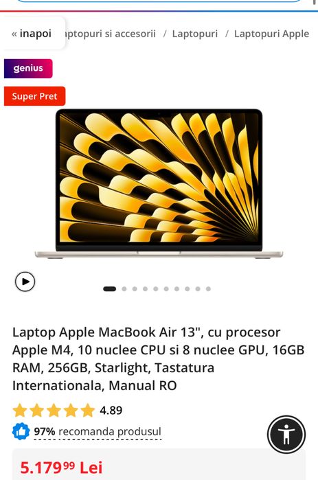 Macbook air 13” M4, 256gb, starlight, sky blue, sigilat,transport ZERO