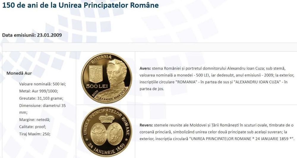 Moneda aur BNR 500 lei, Unirea Principatelor, gradata NGC PF 69