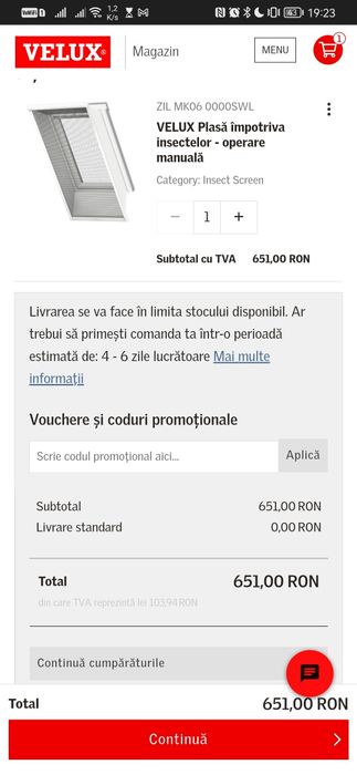 Vând pânză/sită de geam sigilată nouă Velux zil 8888 ce mk10 m10