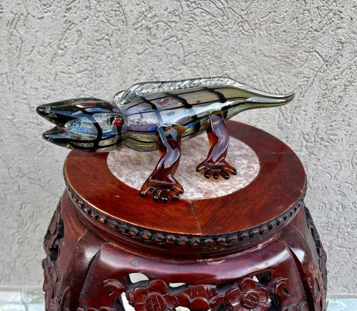 Fascinanta sculptura Murano-soparla Gecko-design captivant-cromatica translucida-34x16,5 cm-Italia