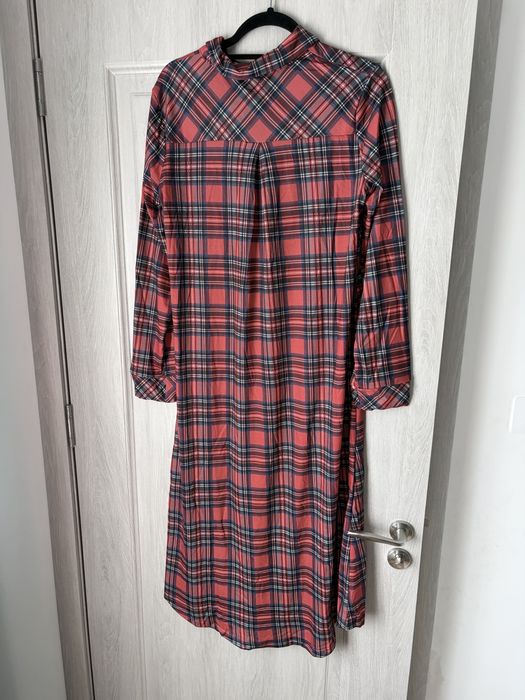 Cămașă de noapte femei mânecă lungă în carouri nasturi frontal pijama caldă – Roșu XL/M