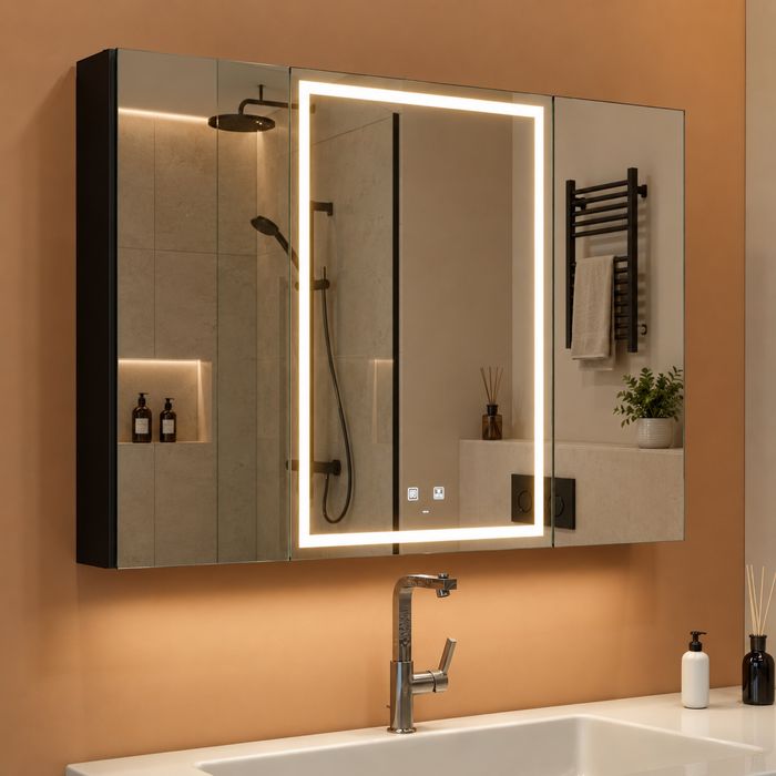 Dulap baie premium cu oglindă LED touch, corp negru, 3 uși integral oglindă, priză + USB