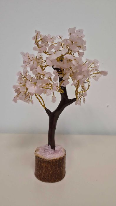 Copăcel decorativ cu cuarț roz Gemstone Tree bază lemn Cadou