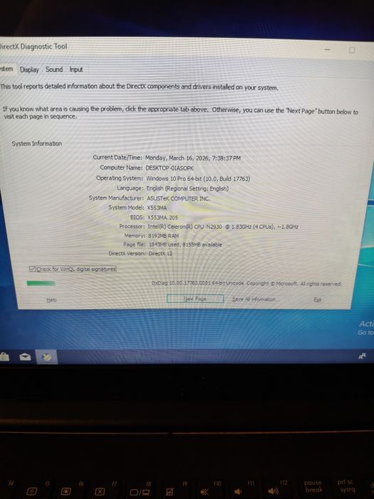 Asus F553m proc intel  ram 8gb Hard disk 1Tb bateri
