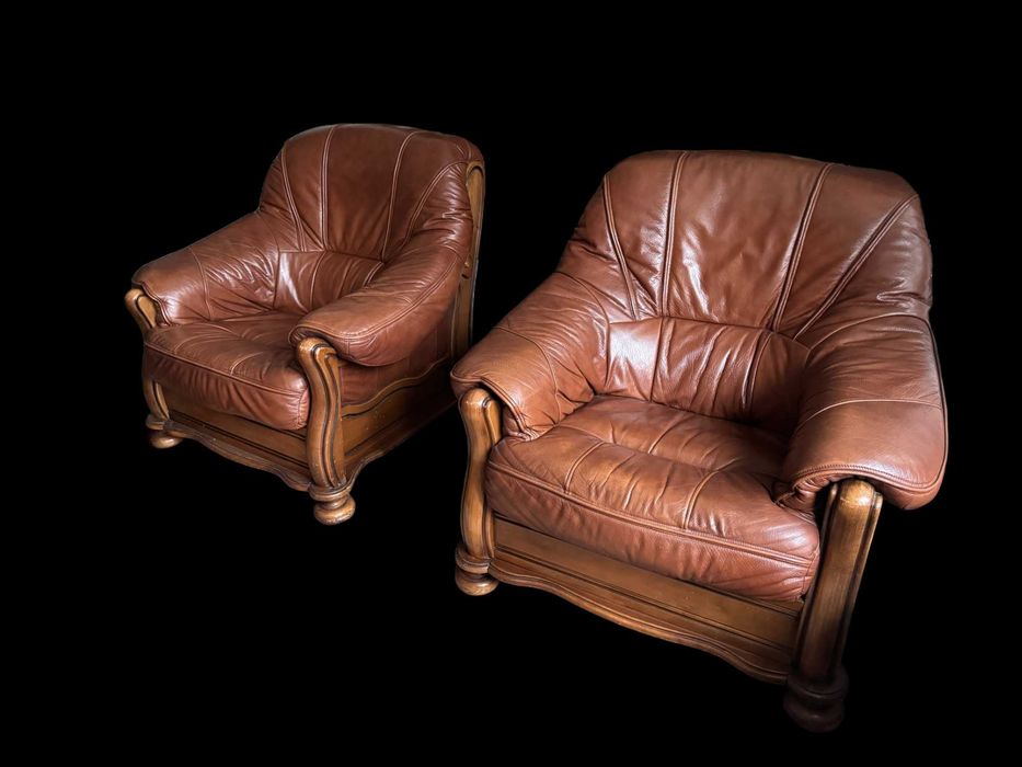 Set canapea + 2 fotolii din piele naturală și lemn masiv, stil clasic, foarte confortabil