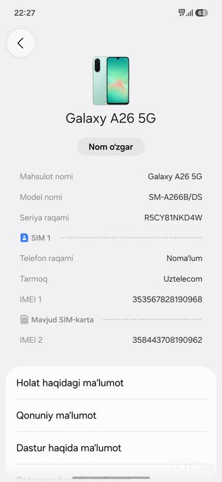 Samsung A26 5G garantiyasi bilan