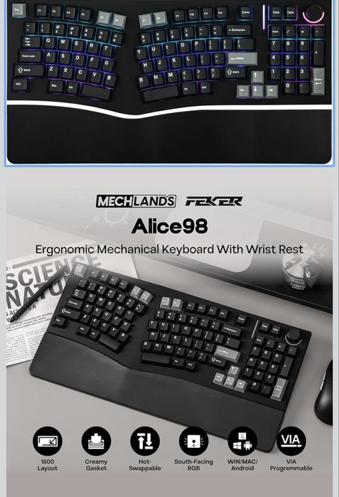 Feker Alice98 Ергономична механична клавиатура с 98 клавиша, VIA черна