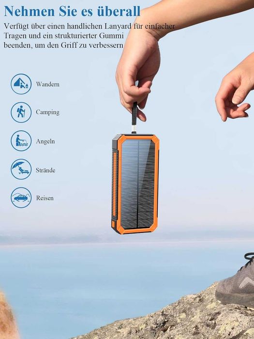 Соларна батерия 20000 mAh, PD20W Водоустойчиво слънчево зарядно устройство USB