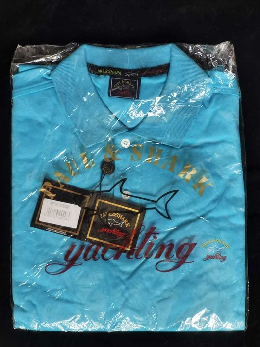 Tricou barbati maneca scurta alb turcoaz guler p&S